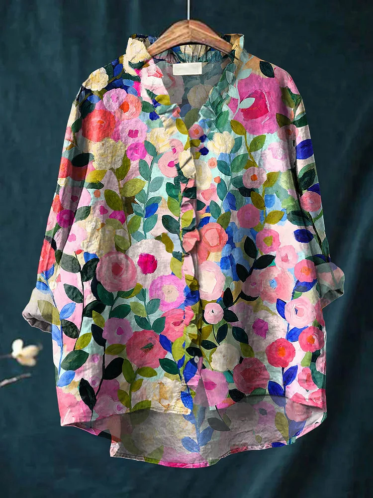 Women's Lovely Floral Art Print Casual Cotton And Linen Ruffle Shirt