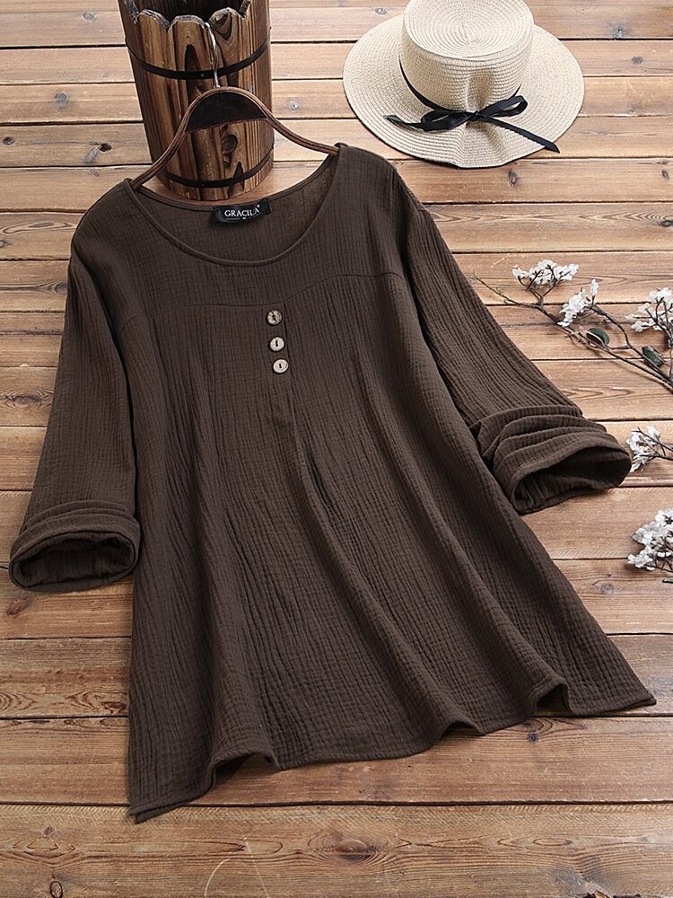 Casual Solid Color Long Sleeve Button O neck Blouse For Women P1638133