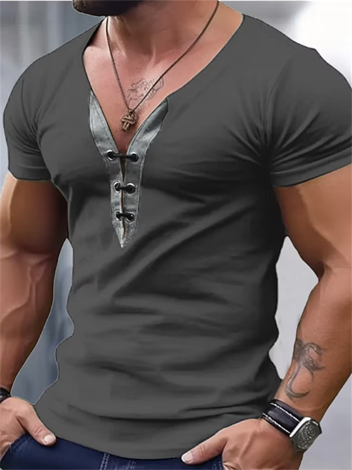 Summer New Men's Thin V-neck Colourful Ding Splicing Sports Fitness Short-sleeved T-shirt Tops