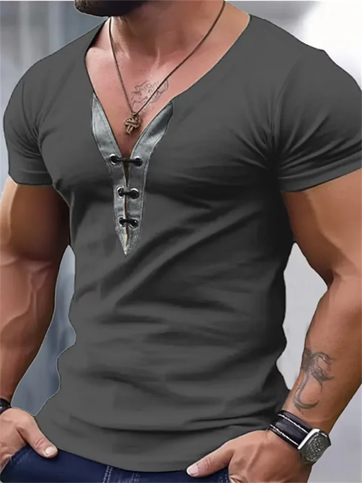 Summer New Men's Thin V-neck Colourful Ding Splicing Sports Fitness Short-sleeved T-shirt Tops-Cosfine