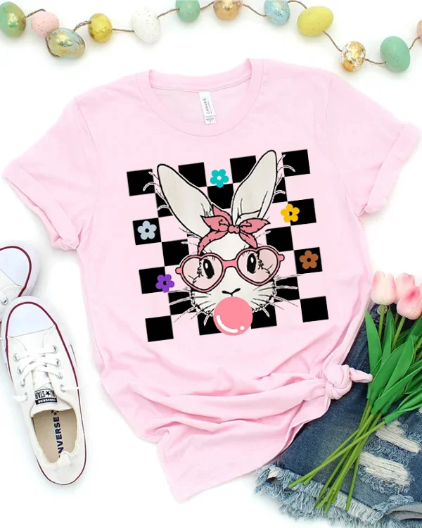 Cute Bunny With Glasses Bubblegum Print V Neck T-shirt