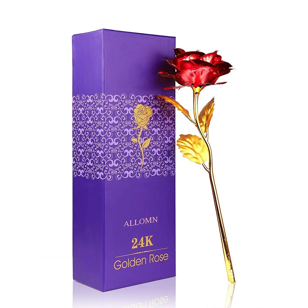 24K Golden Rose, Plastic Long Stem Real Rose Dipped in Gold with Gift Box, Best Valentine's Day Gift (Blue) (Red)