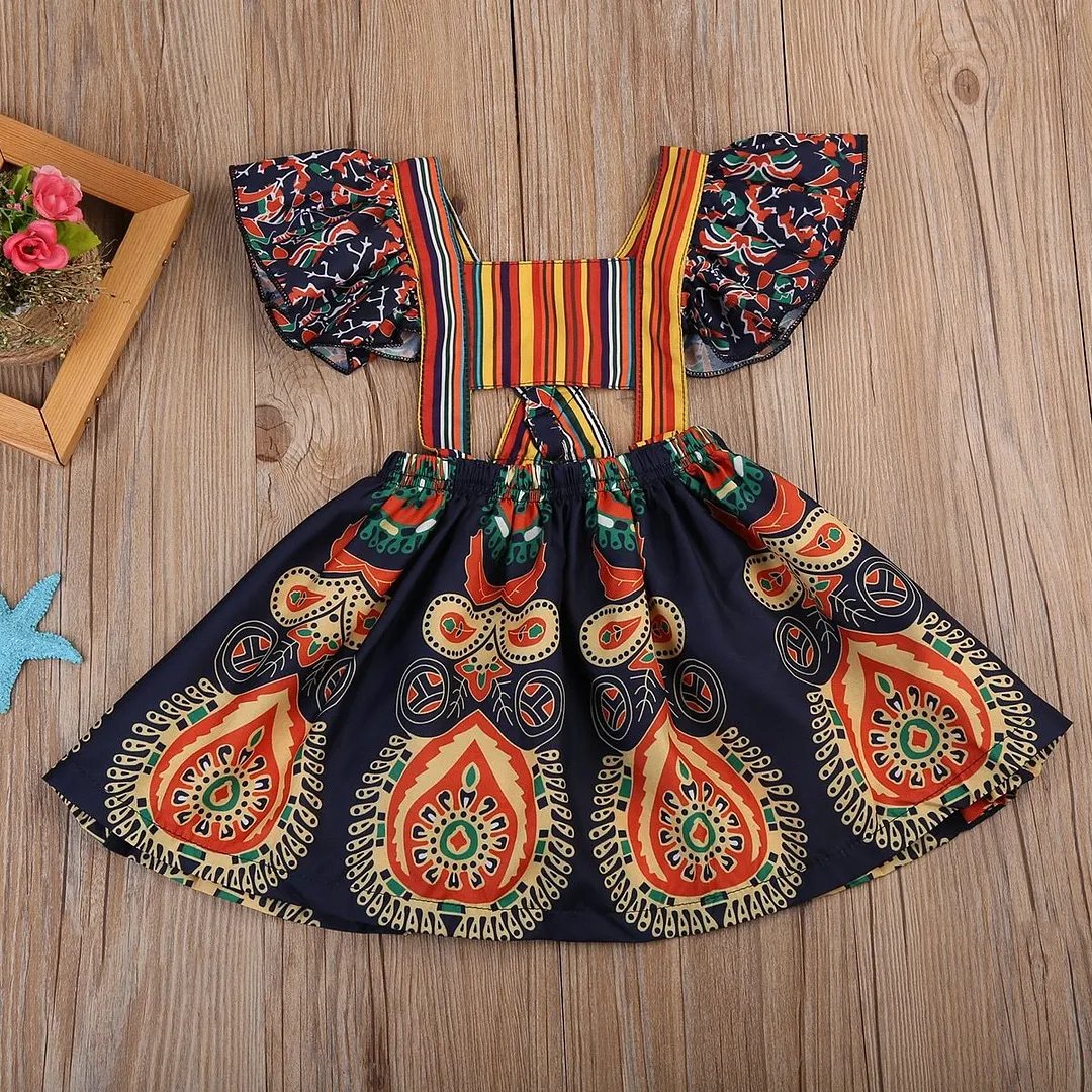 2018 Brand New Boho Toddler Baby Kids Girls Summer Floral Backless Dress Beach Party Dresses Ethnic style Floral Dresses 1-6T