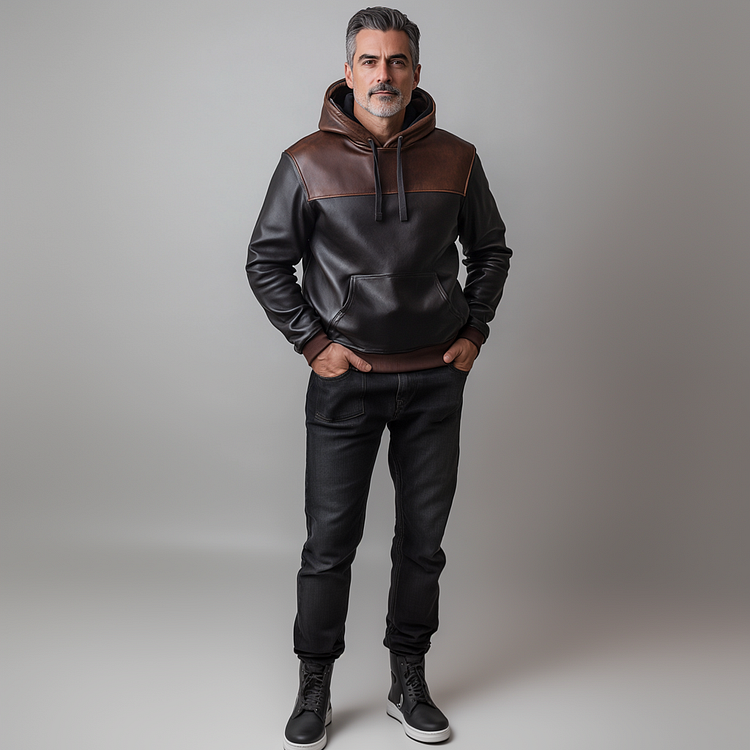 Men's PU Leather Patchwork Hoodie-inspireuse