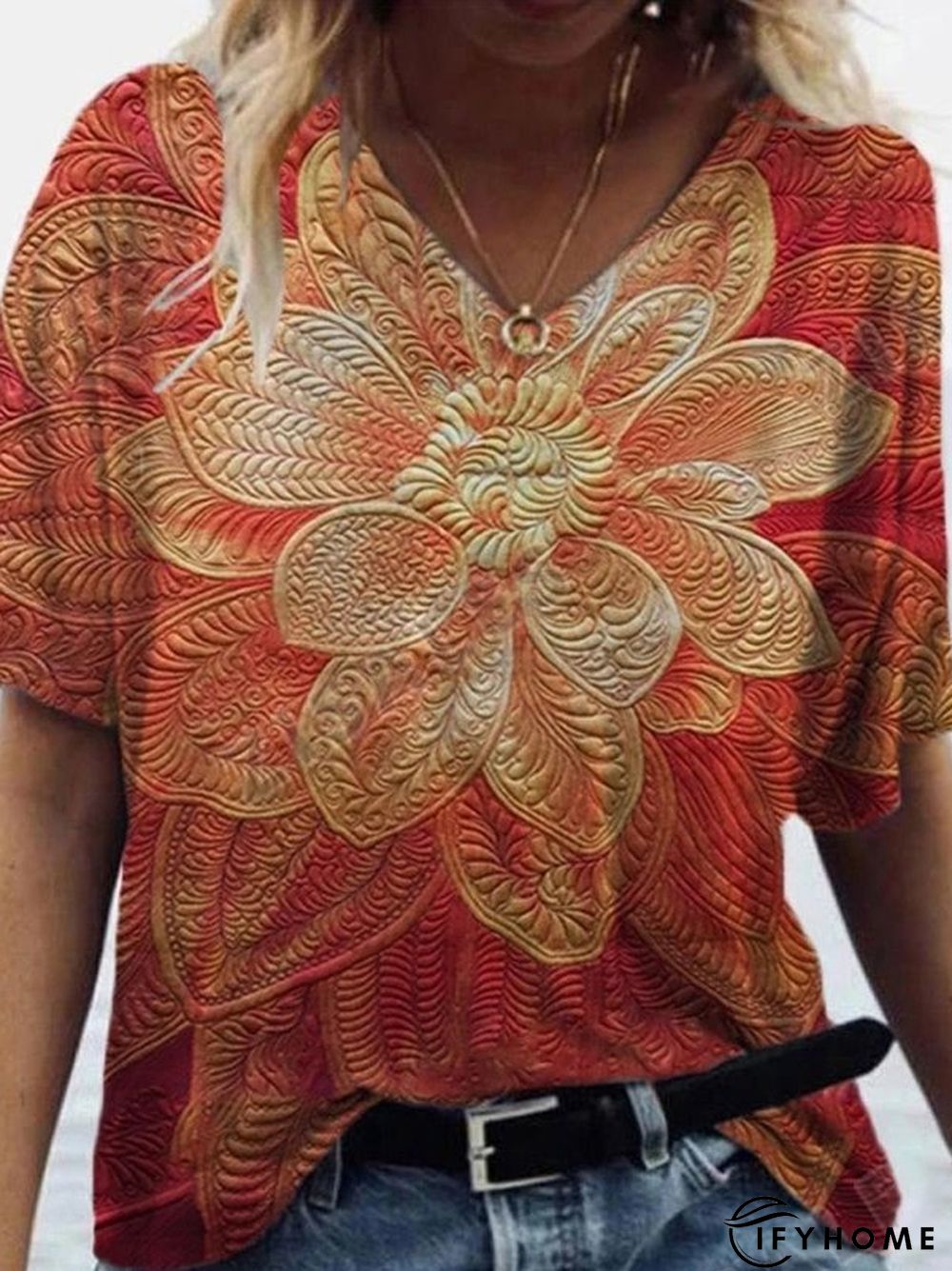 V Neck Cotton-Blend Floral Short Sleeve T-shirt | IFYHOME