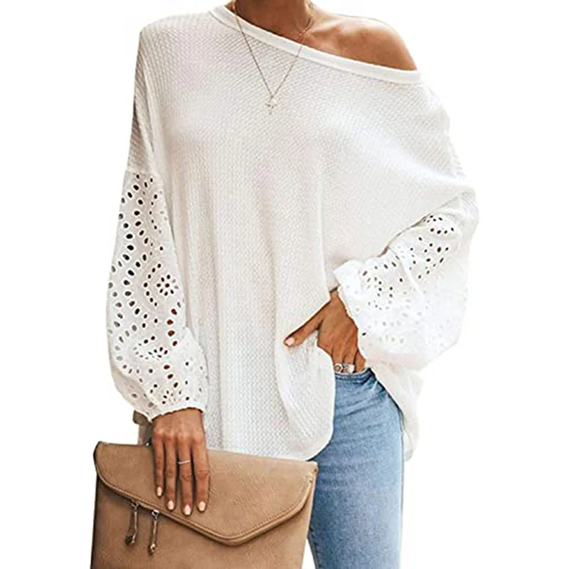 White Cotton Blend Loose Puffy Long Sleeve Top