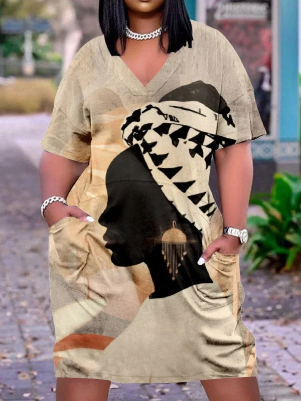 Women's Khaki Plus Size V-neck Mid-sleeve Dress