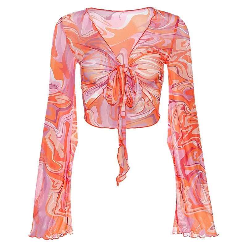 FSDA 2021 Mesh Tie Dye Print Long Sleeve Crop Top Women Bandage Summer Transparent Beach Y2K Orange See Through Sexy T Shirts