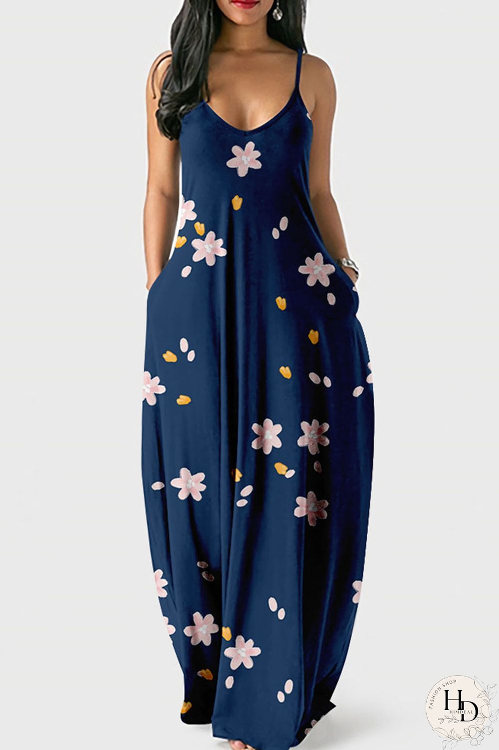 Blue Pink Casual Sweet Print Patchwork Spaghetti Strap Sling Dress Dresses