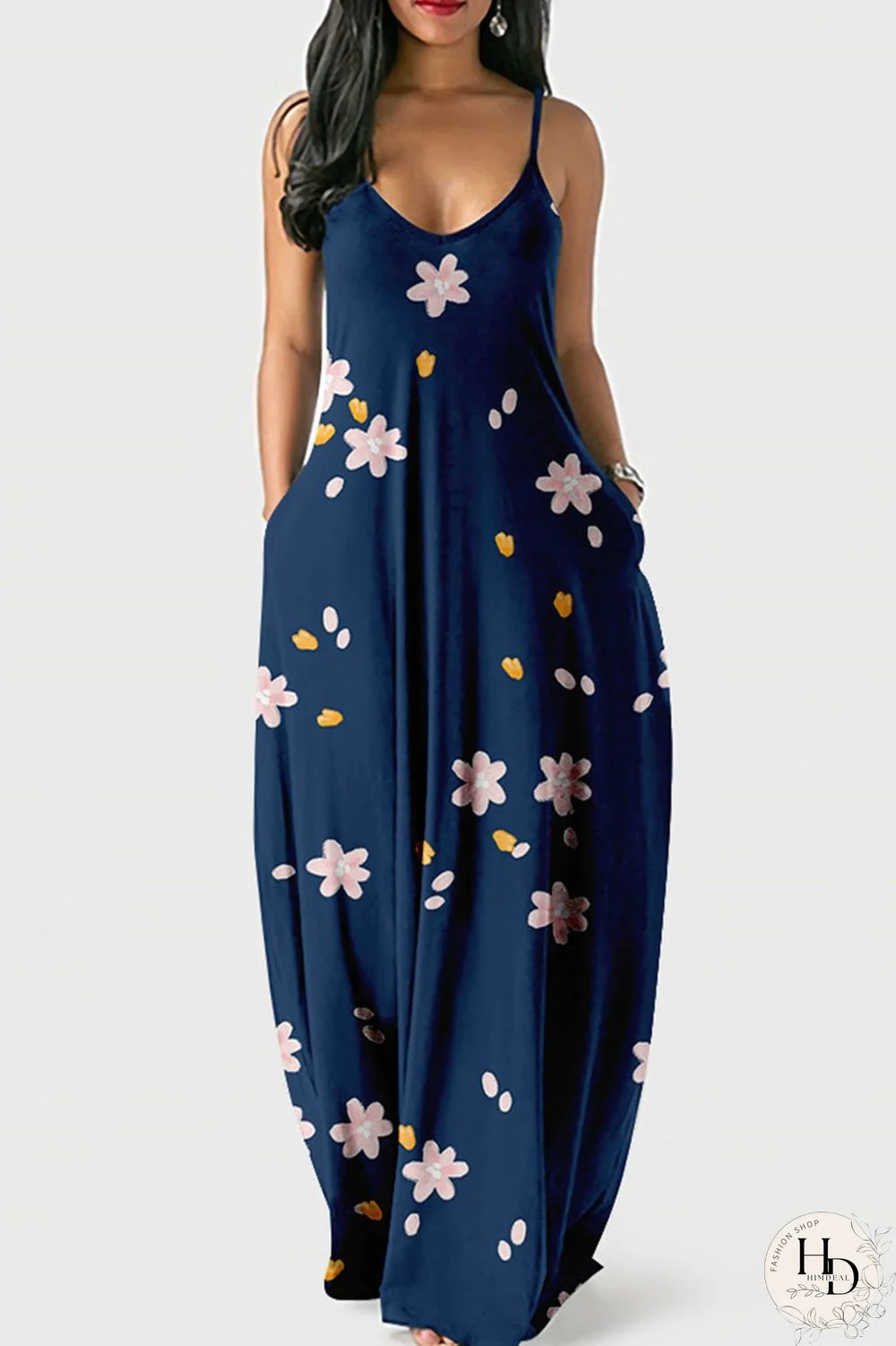 Blue Pink Casual Sweet Print Patchwork Spaghetti Strap Sling Dress Dresses