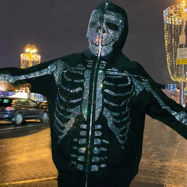 Skeleton Rhinestone Mens's Black Oversized Full Zip Up Hoodies Sweatshirt Coat-VESSFUL