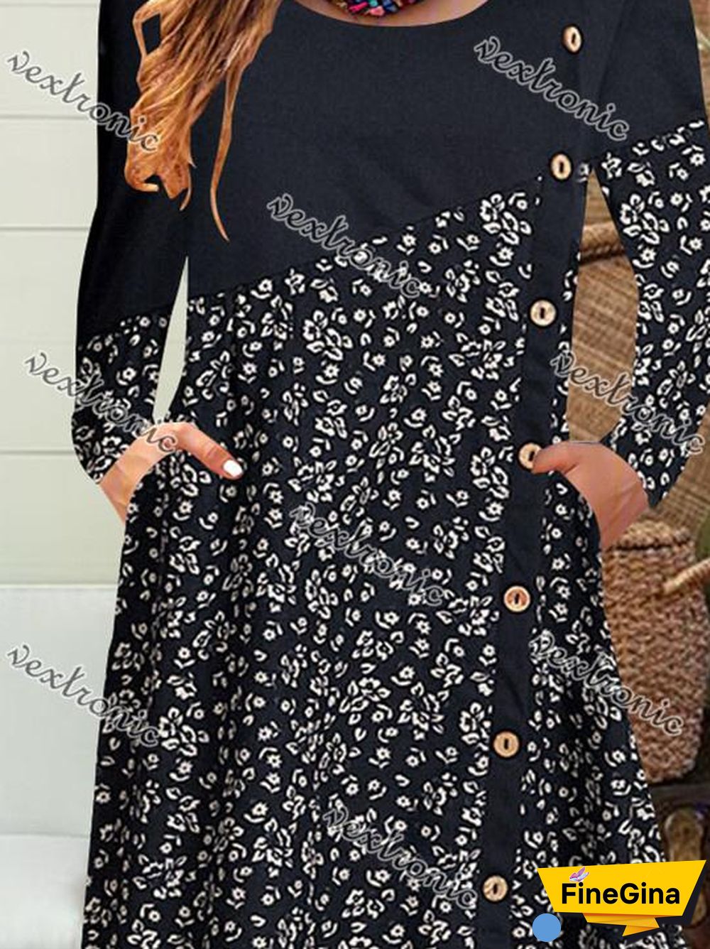 Women Long Sleeve Scoop Neck Printed Buttons Midi Dress