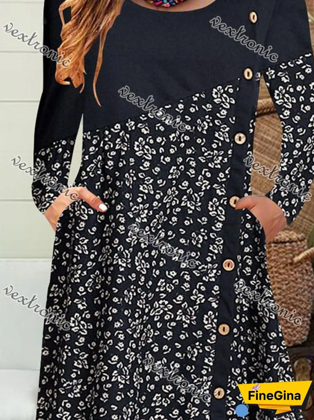 Women Long Sleeve Scoop Neck Printed Buttons Midi Dress
