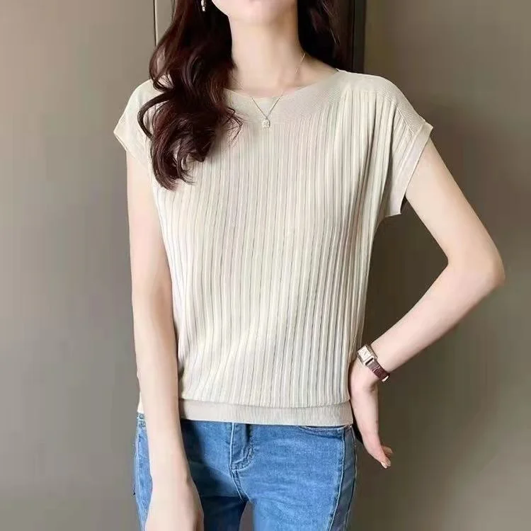 Uveng Uveng Temperament Bat Sleeve Short-Sleeved T-Shirt For Women's 2024 Summer Wear New Black Ice Silk Knitted Shirt Loose Word Collar Top