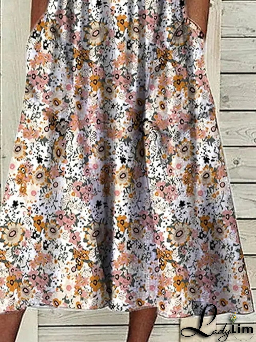 Women's Floral Short Sleeve V-neck Floral Printed Midi Dress with Pockets