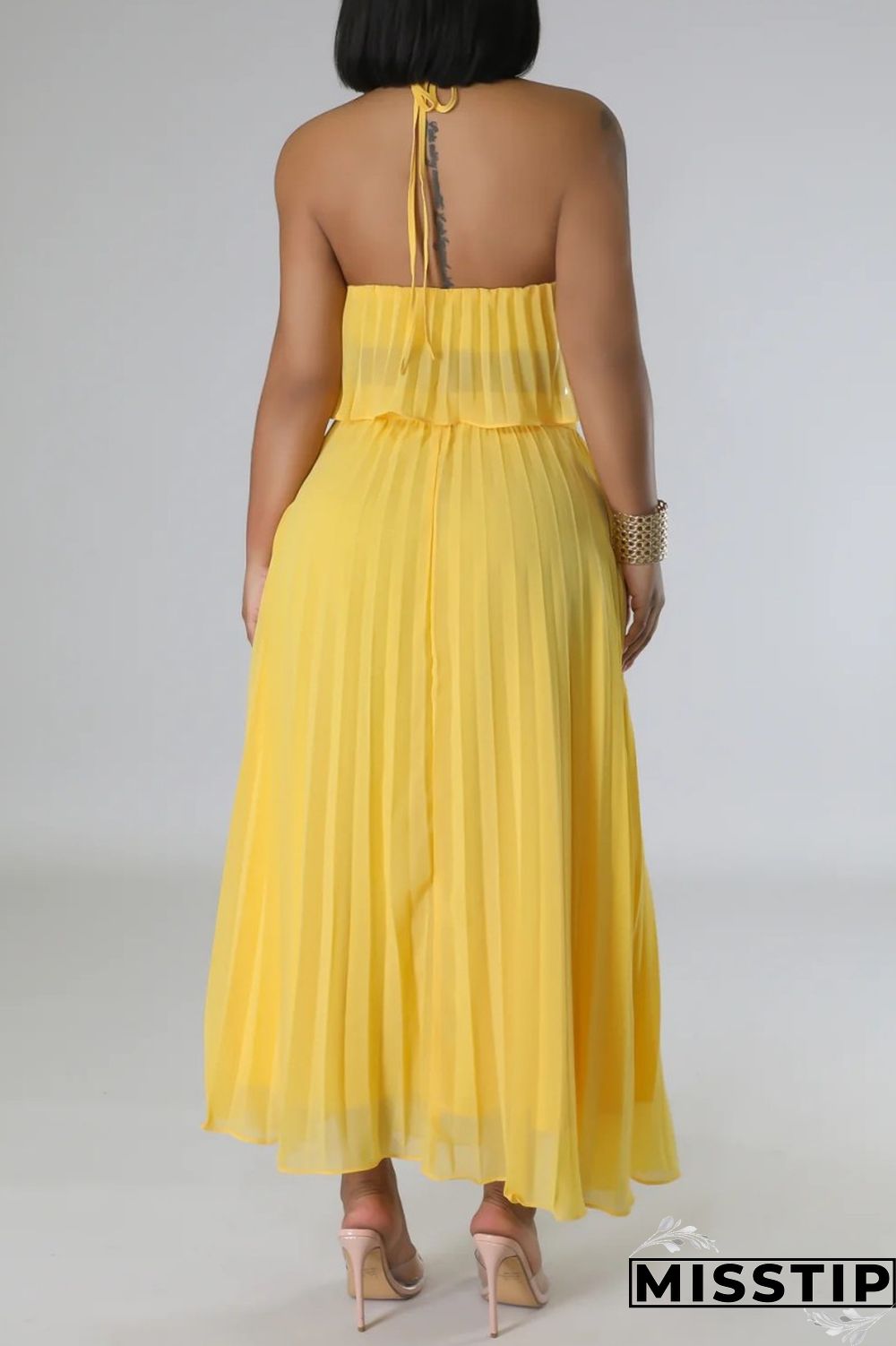 Mint green Casual Solid Bandage Backless Pleated Halter Sleeveless Two Pieces