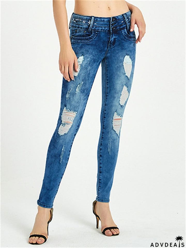 Women's Casual Style Floral Embroidery Buttons Denim Jeans