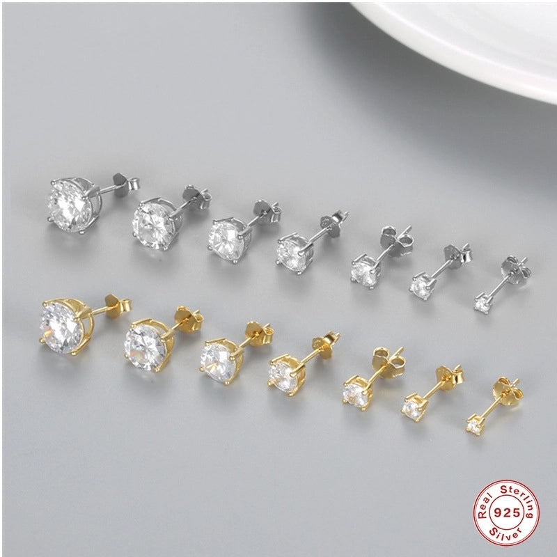 1 Pair 925 Sterling Silver Zircon Round Ear Studs