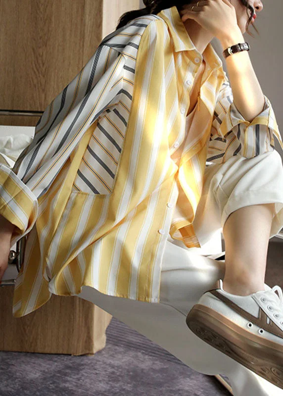 Vogue Colorblock Striped Asymmetrical Patchwork Low High Design Shirt Long Sleeve