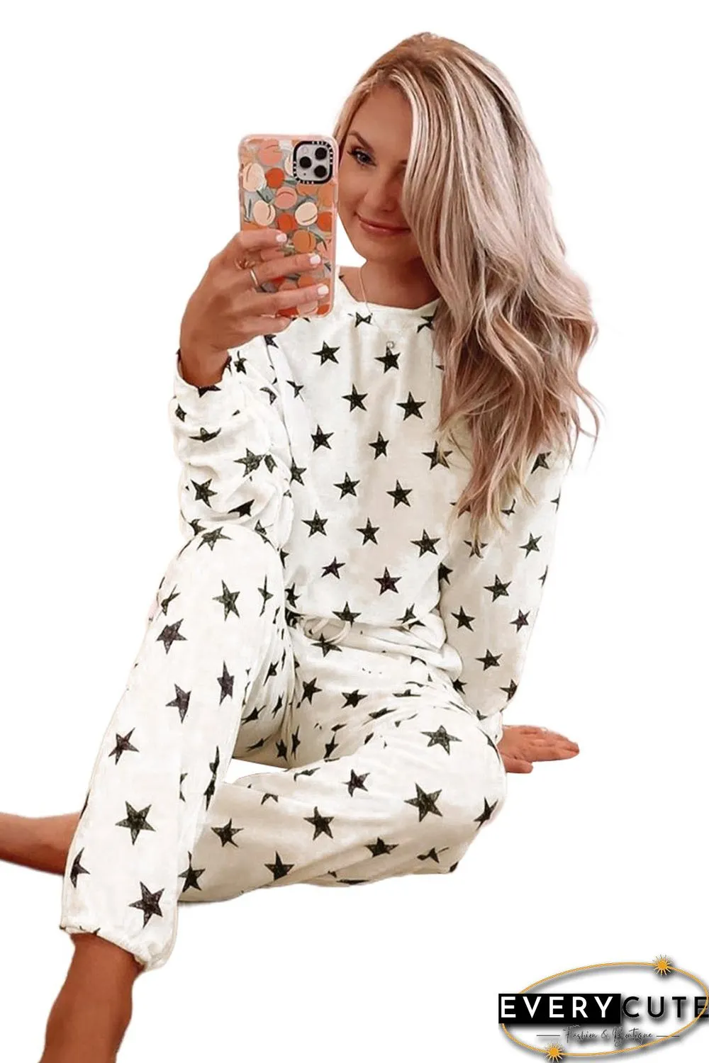 White Crew Neck Star Print Drawstring Loungewear Set with Pocket