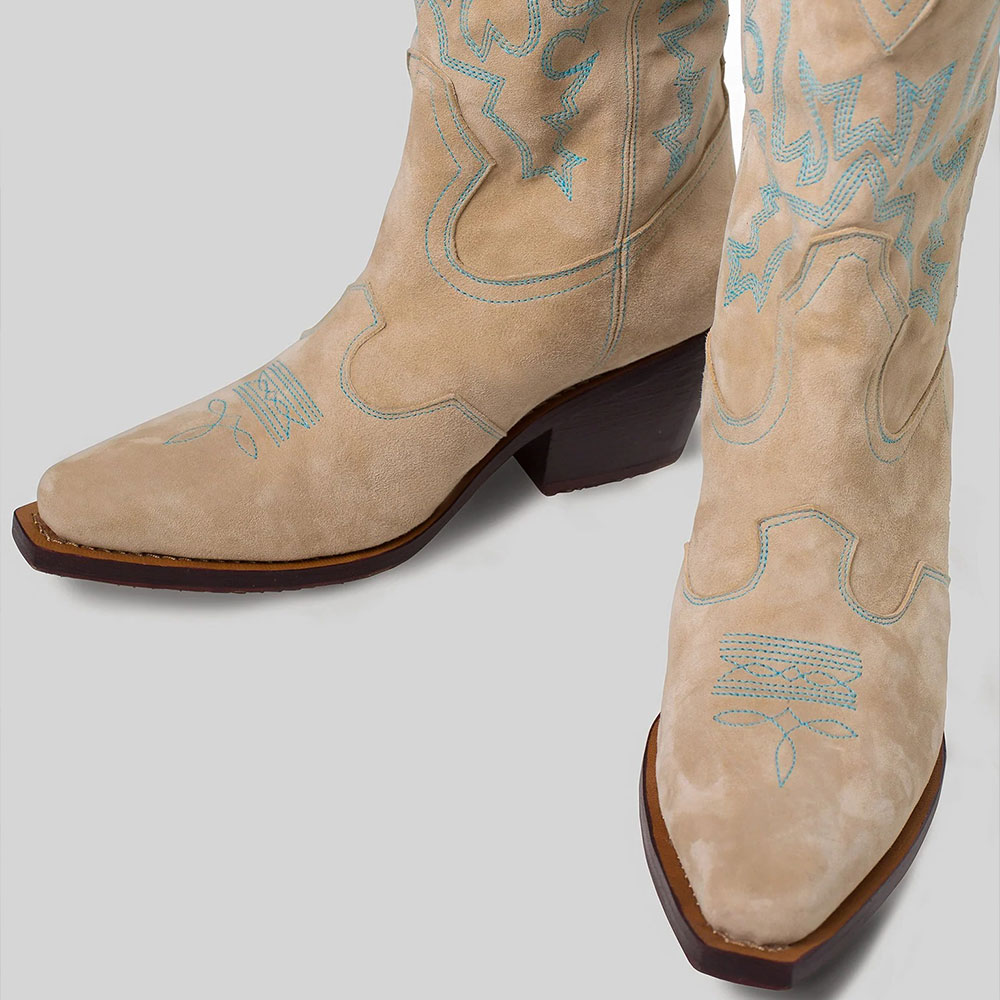 Women's Embroidered Block Heel Mid Calf Closed Toe Beige Cowboy Boots Nicepairs