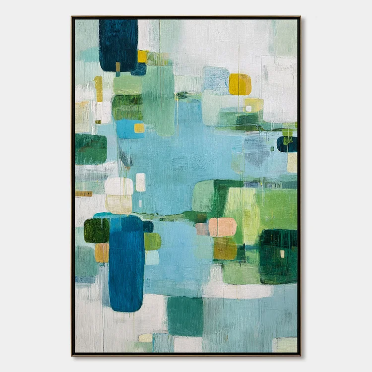 VERDANT MOSAIC: Vertical Modern Blue and Green Abstract Painting（Canvas painting）