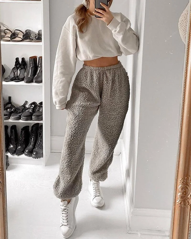 Solid High Waist Fluffy Casual Pants