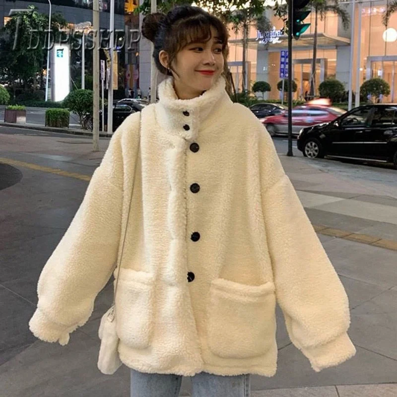 2019 Thick Imitation Lambswool Women Coat Autumn Winter Loose Single Breasted Female Jacket