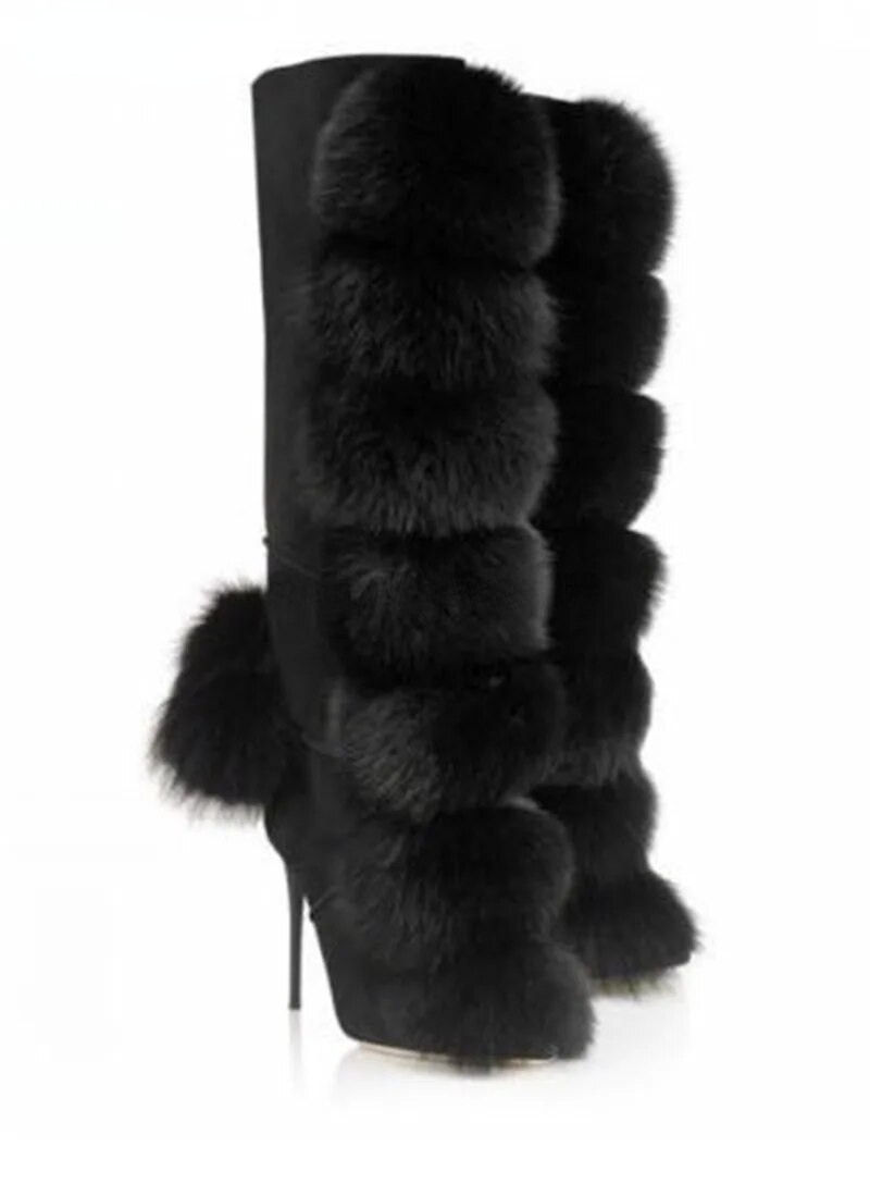 VCSHOES Women Mink Hair Decorative Knee High Stiletto Heel Boots Zip Fur Ball High Heel Boots