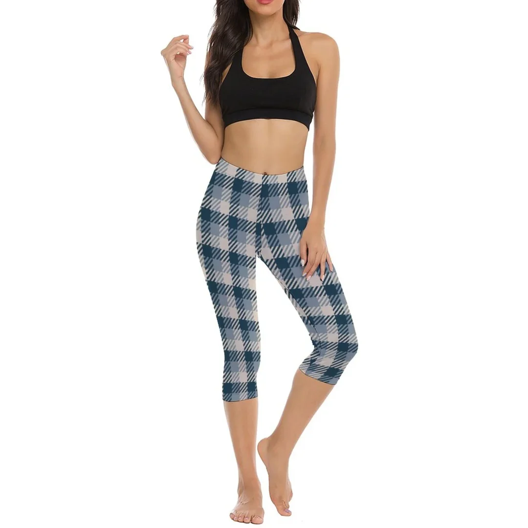 Classic Plaid Grid Calf-length Yoga Shorts High Waist Yoga Capris Workout Leggings for Women