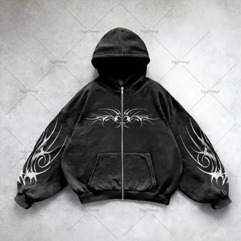 Aonga Gothic Punk Graphic Print Oversized Sweatshirt High Street Harajuku Y2K Streetwear Jacket Men Hip Hop Retro Casual Zipper Hoodie aonga