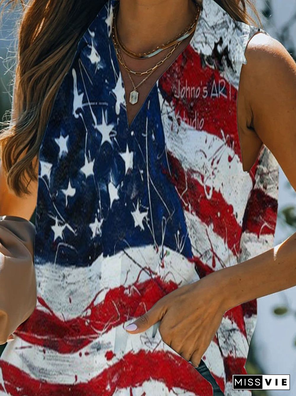 Shawl Collar Polyester Cotton Tribal Sleeveless T-shirt