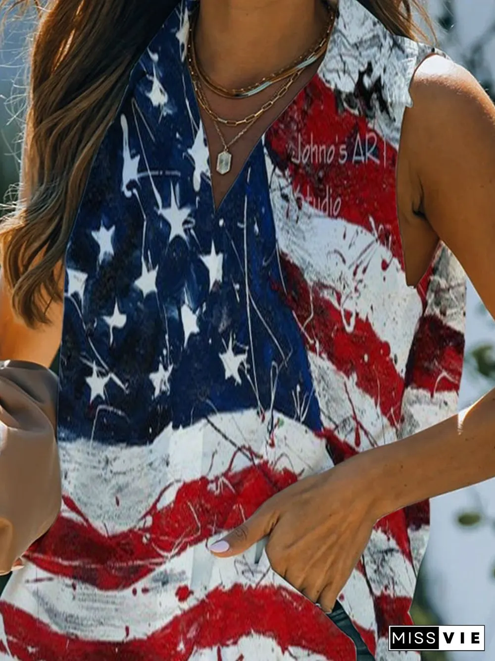 Shawl Collar Polyester Cotton Tribal Sleeveless T-shirt