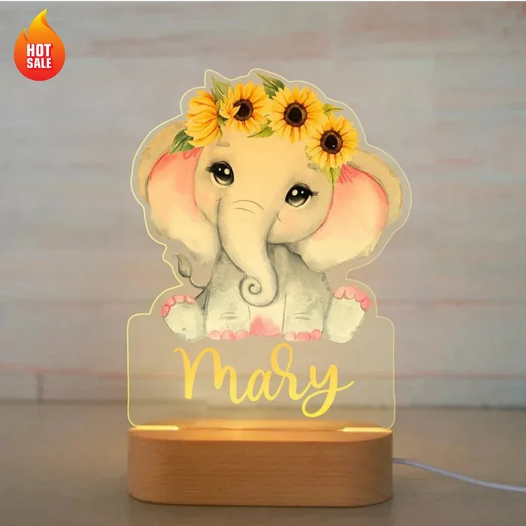 Personalisierte 1 Name Elefant Sonnenblume Nachtlicht für Kinder