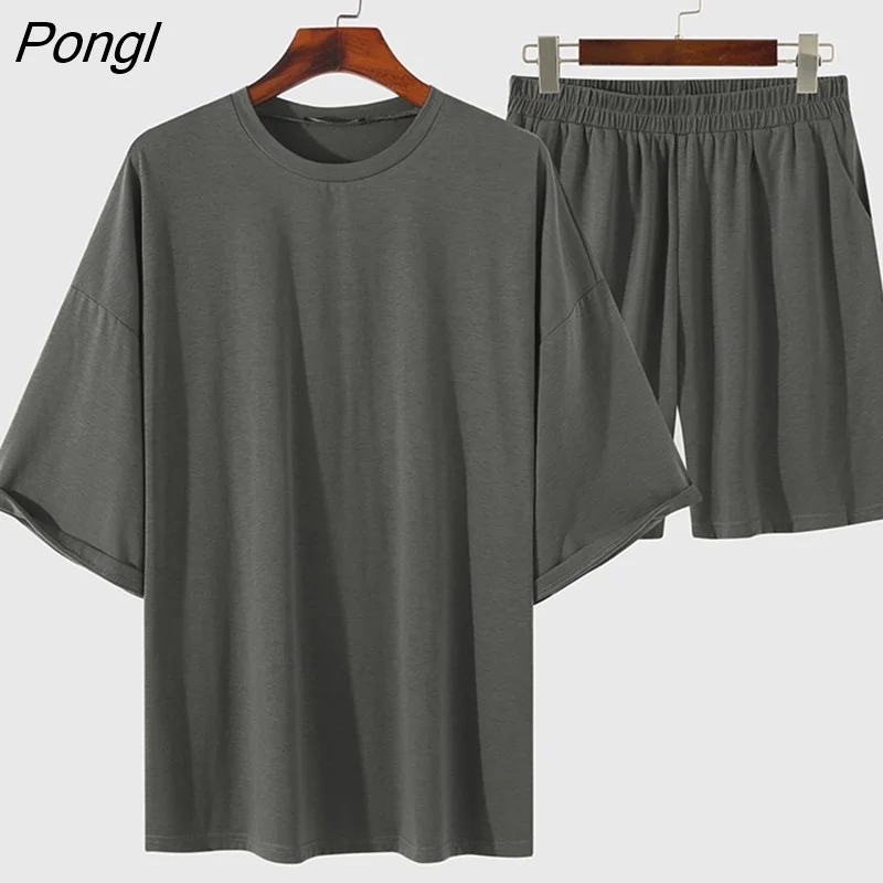 Pongl Men Sets Solid Color 2023 Summer O Neck Half Sleeve T Shirts Elastic Waist Shorts Streetwear Loose Casual Men Suits 5XL INCERUN