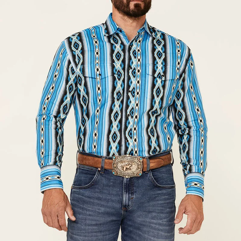 Retro Geometric Blue Western Print Shirt