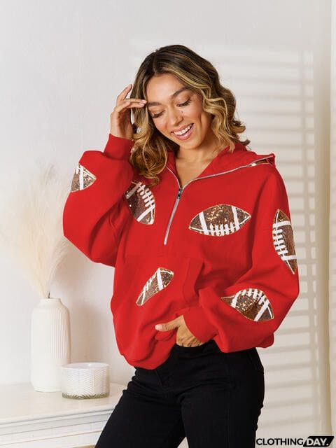Sequin Football Patch Hal-Zip Hoodie