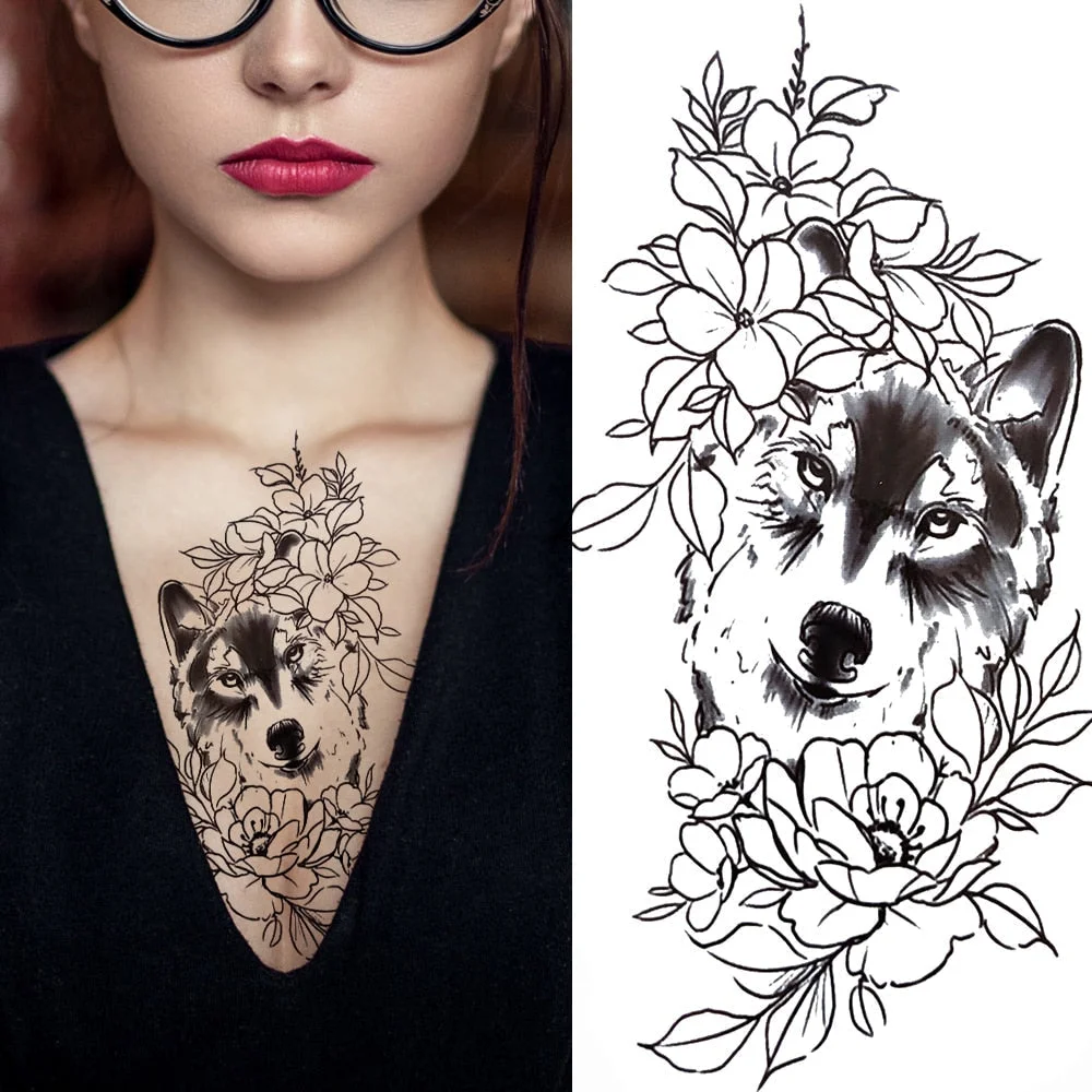 Dragon with Red Rose Tattoo Sticker Realistic Fox Snake Sword Geometric Temporary Tattoo For Women Fake Chains Black Tatoo 515-1