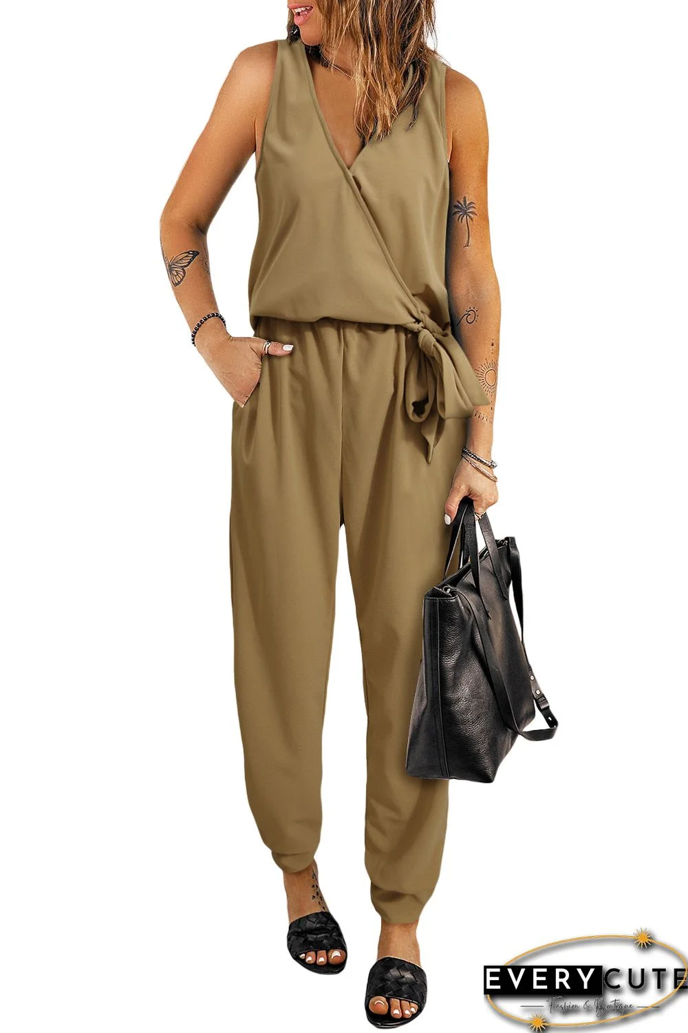 Khaki Deep V-neck Sleeveless Solid Jumpsuit