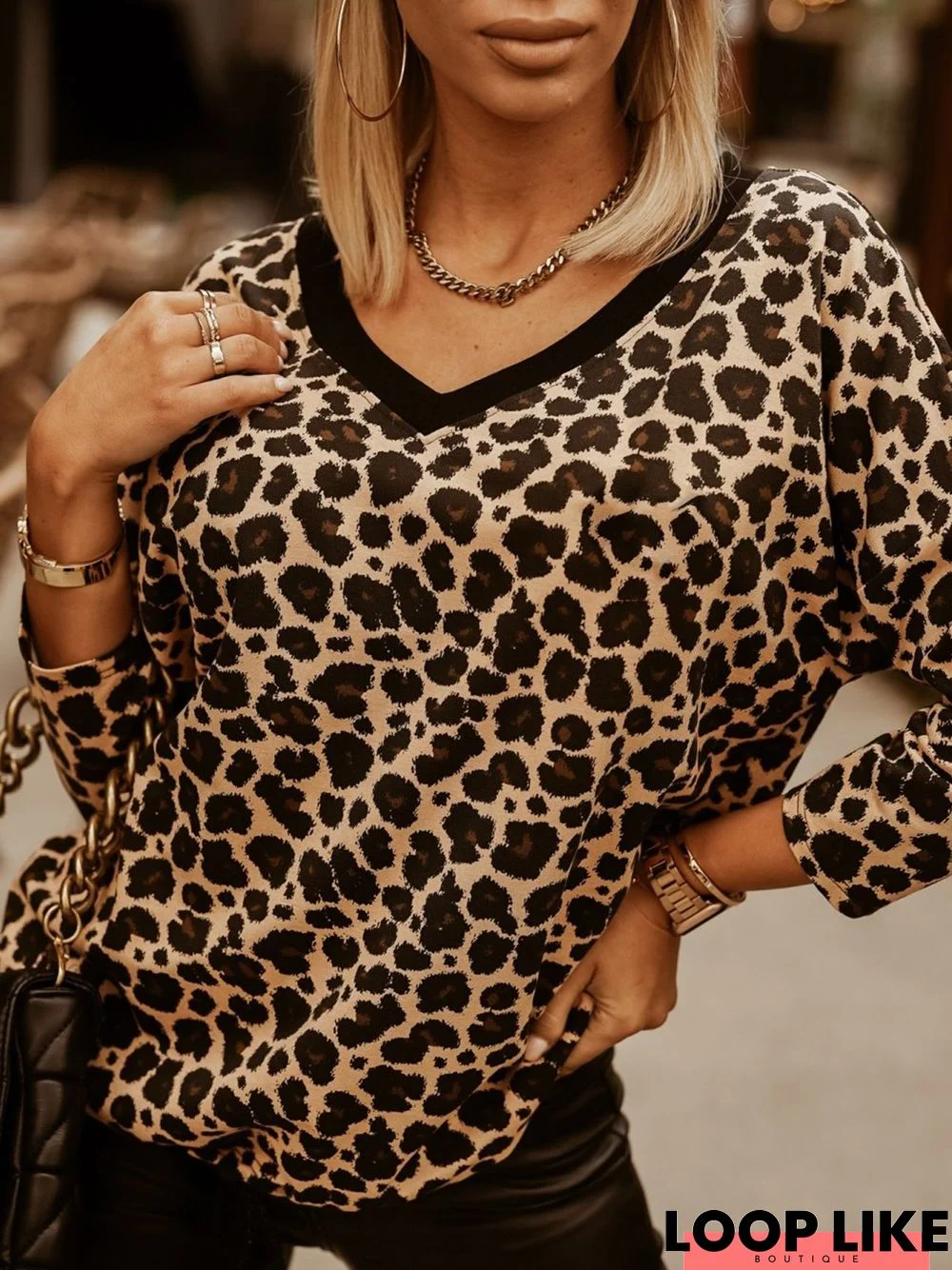 Casual Leopard Long Sleeve V Neck Printed Top Sweatshirt