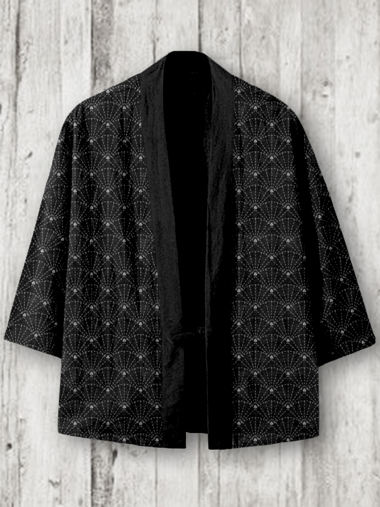 menweary Japanese Sashiko Uchiwa Art Linen Blend Kimono Cardigan