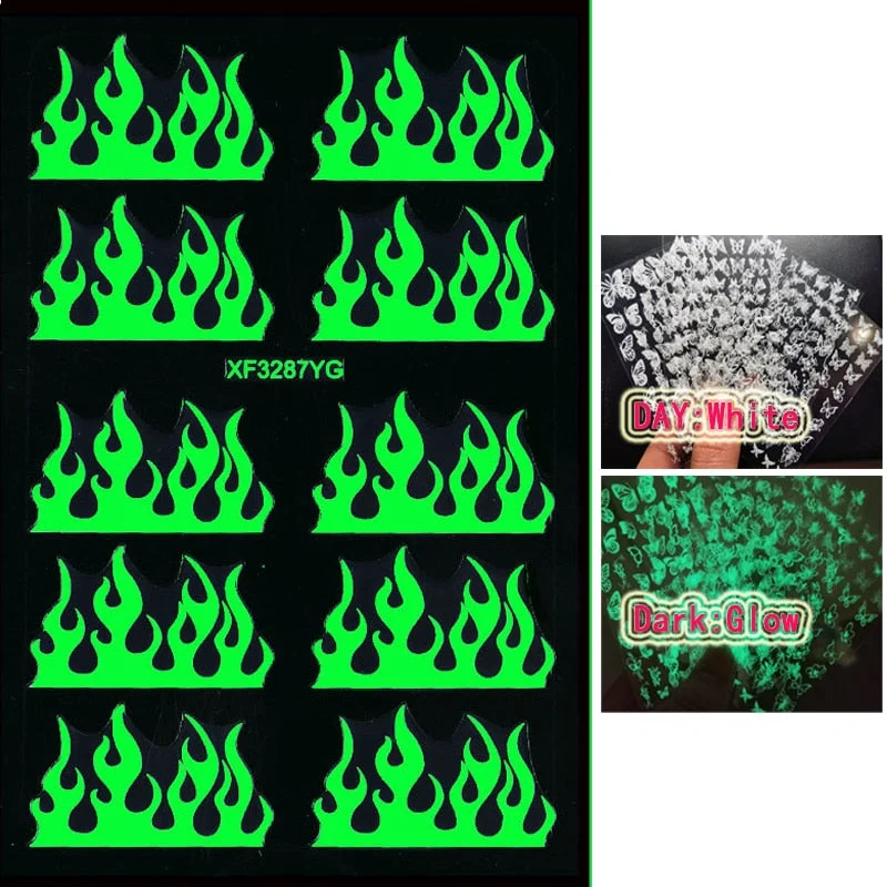 Luminous Fire Nail Art Stickers Glow In Dark Nail Decals Moon Butterfly Transfer Manicure Design Night Light Stickers-Nail Inspo