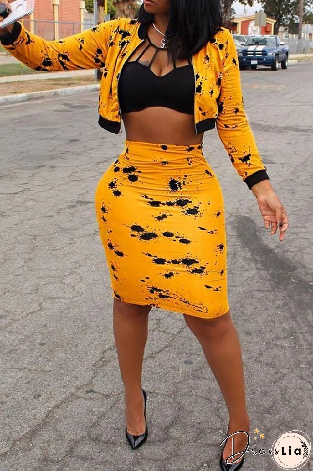 Casual  Printed Yellow Skirt Set