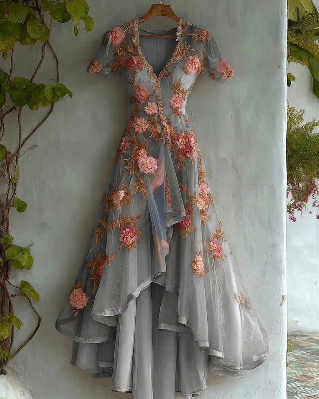 Women's Retro Elegant Gradient Flowers Irregular Ruffle Linen Dress wearshes