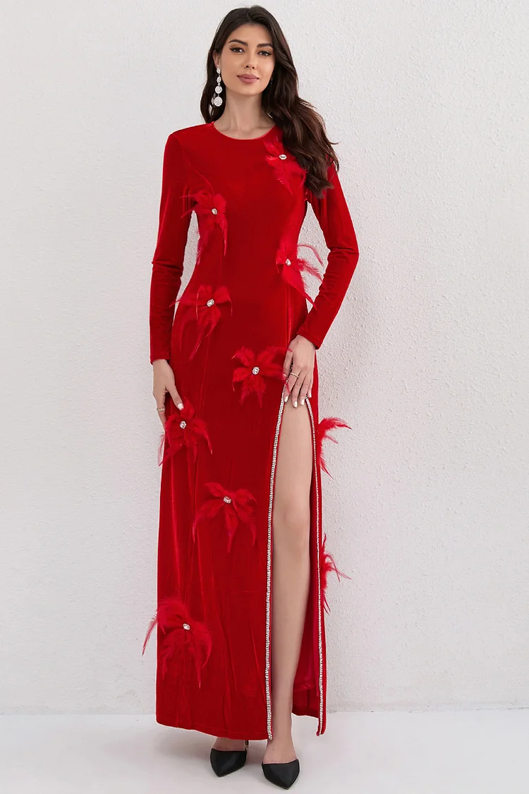 Feather 3D Floral Rhinestone Trim Slit Velvet Maxi Dress-Red