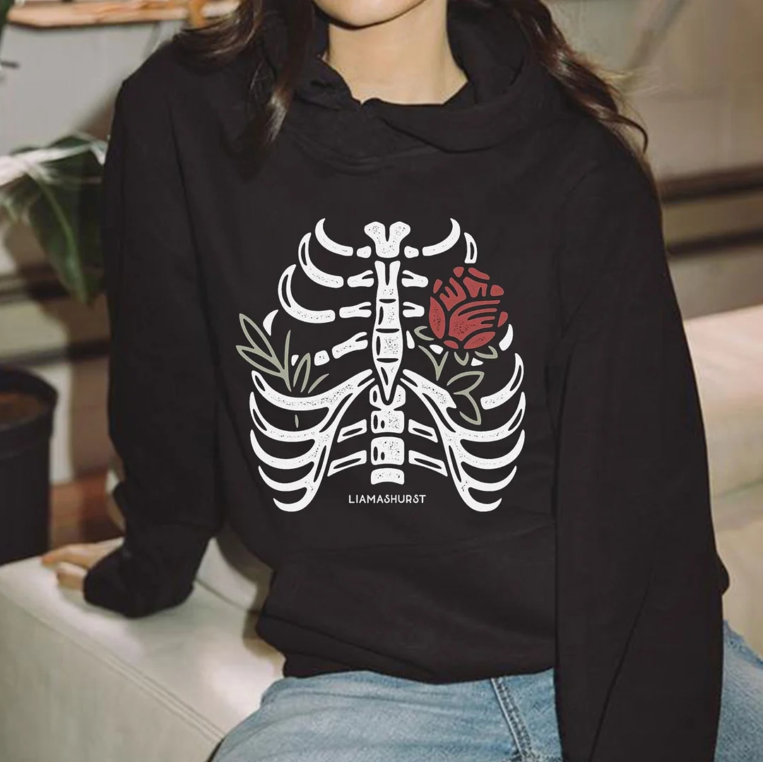 LIAMASHURST Rose Heart Skeleton Causal  Black Print Hoodie
