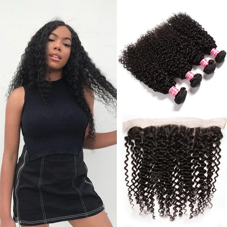 Peruvian Curly Hair 4 Bundles with Lace Frontal Closure