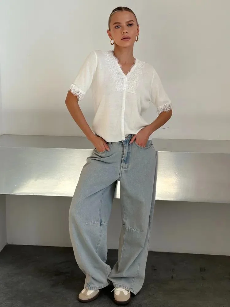 Athvotar Athvotar Stitched V-Neck Knitted Shirt Summer New Short-Sleeved Fashion Casual Cardigan Sweater Woman