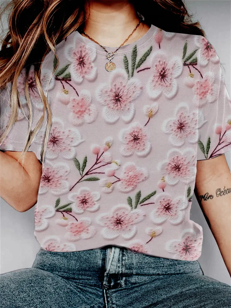 Casual Floral Print Round Neck Short Sleeve T-Shirt elevenforest