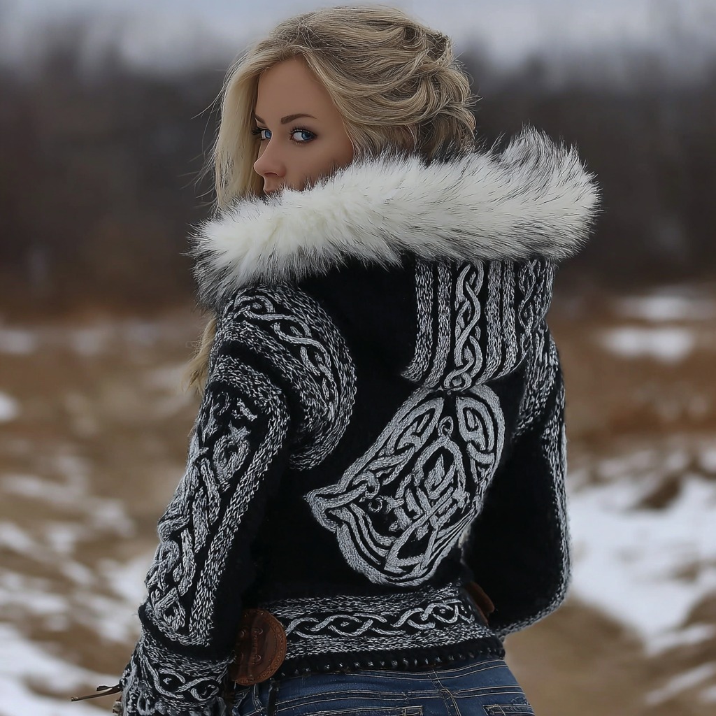 Women's Vintage Viking Celtic Knot Knit Hooded Sweater elevenforest